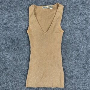 Energie Tank Top Womens M Gold‎ Metallic Ribbed Knit V-Neck Ramie Cotton Blend